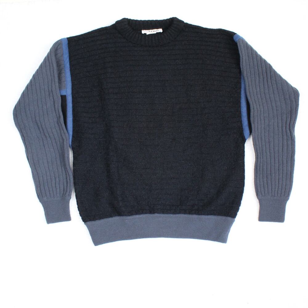 Fenzi Wool Sweater Vintage 90s Mens XL Black Ribbed Mohair Apres Ski Preppy